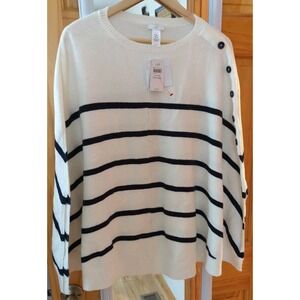 NWT J. Jill Women's Poncho Cape Cream Navy Blue Stripes Button Detail OS Sweater